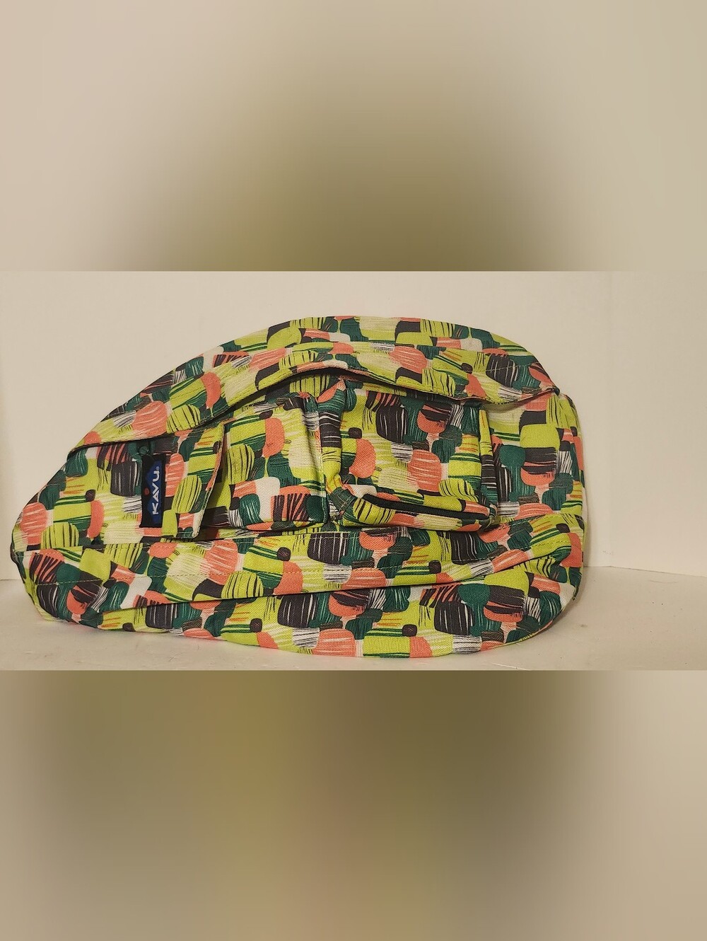 Kavu Crossbody Bag in Lime, Coral & Navy Abstract Print